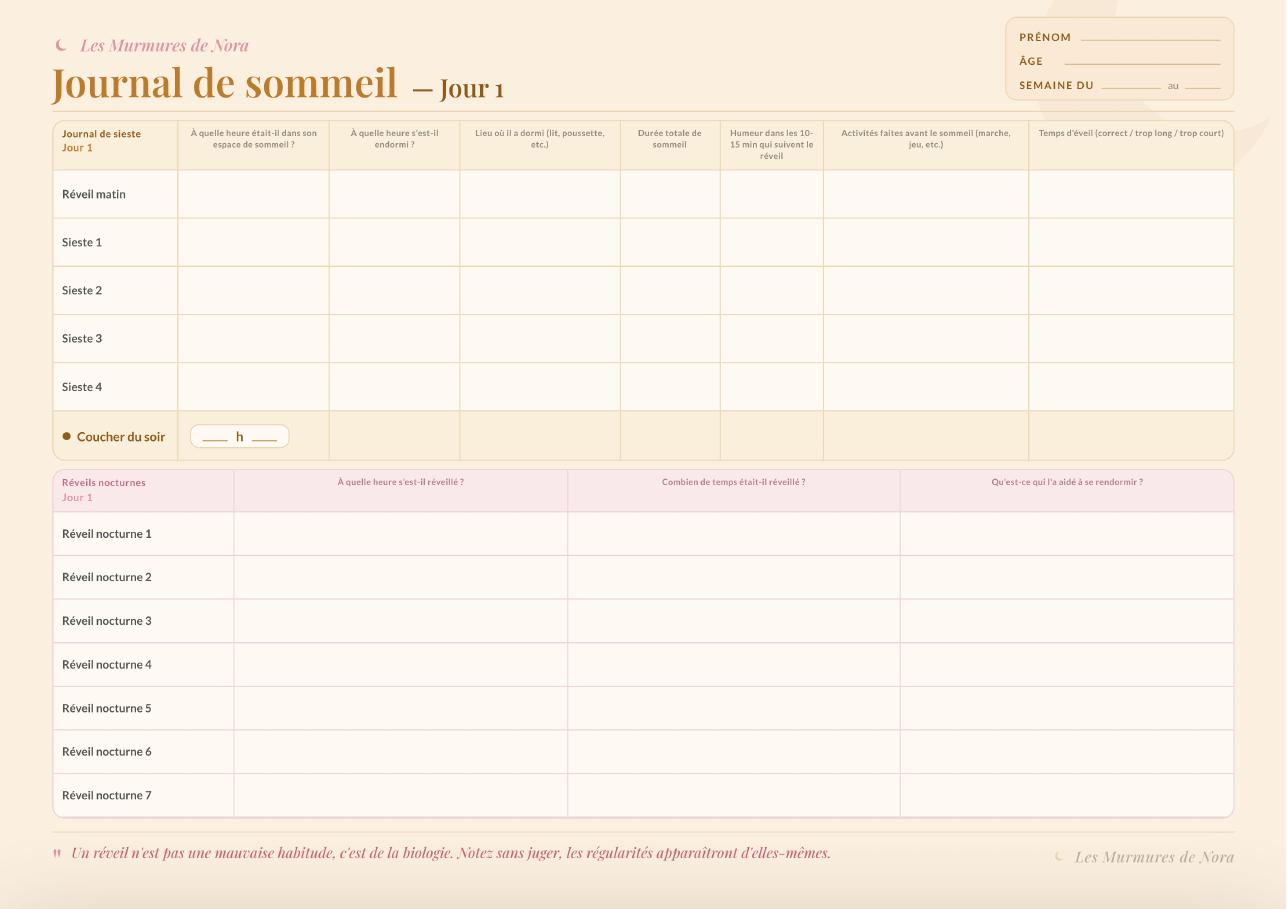Aperçu du journal de sommeil PDF inclus dans l'atelier