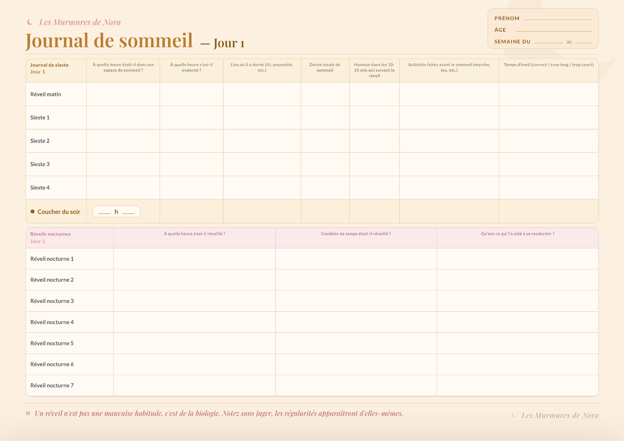 Aperçu du journal de sommeil : page Jour 1 avec grille siestes et réveils nocturnes